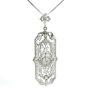 14K White Gold Filigree European Cut Fleur De Lis Diamond Pendant on a 24-Inch Box Chain