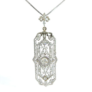 14K White Gold Filigree European Cut Fleur De Lis Diamond Pendant on a 24-Inch Box Chain