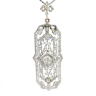 14K White Gold Filigree European Cut Fleur De Lis Diamond Pendant on a 24-Inch Box Chain