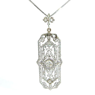 14K White Gold Filigree European Cut Fleur De Lis Diamond Pendant on a 24-Inch Box Chain