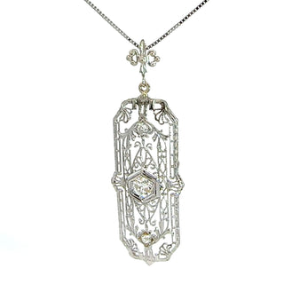 14K White Gold Filigree European Cut Fleur De Lis Diamond Pendant on a 24-Inch Box Chain