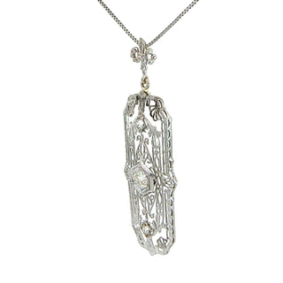 14K White Gold Filigree European Cut Fleur De Lis Diamond Pendant on a 24-Inch Box Chain