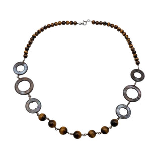 Vintage Tiger’s Eye Abalone Shell Necklace 22 Inch Sterling Silver Boho Statement