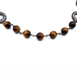 Vintage Tiger’s Eye Abalone Shell Necklace 22 Inch Sterling Silver Boho Statement