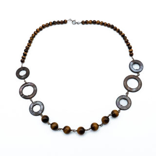 Vintage Tiger’s Eye Abalone Shell Necklace 22 Inch Sterling Silver Boho Statement