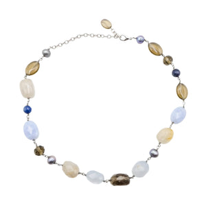 Vintage Multi Gemstone Blue Lace Agate Quartz Pearl Station Necklace 18 Inches