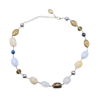 Vintage Multi Gemstone Blue Lace Agate Quartz Pearl Station Necklace 18 Inches