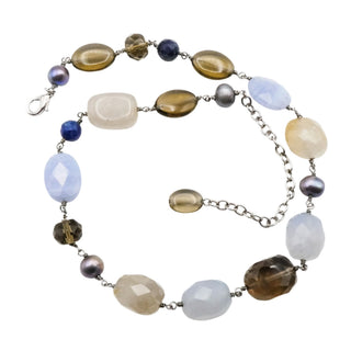 Vintage Multi Gemstone Blue Lace Agate Quartz Pearl Station Necklace 18 Inches