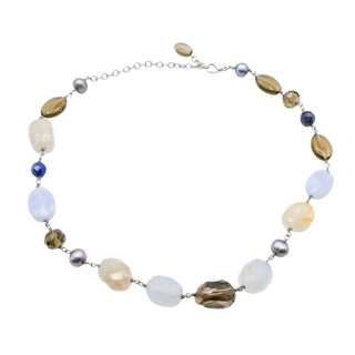 Vintage Multi Gemstone Blue Lace Agate Quartz Pearl Station Necklace 18 Inches