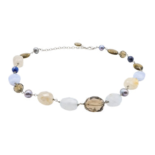 Vintage Multi Gemstone Blue Lace Agate Quartz Pearl Station Necklace 18 Inches