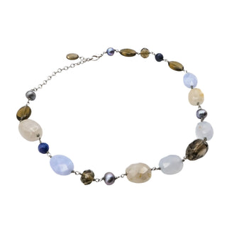 Vintage Multi Gemstone Blue Lace Agate Quartz Pearl Station Necklace 18 Inches