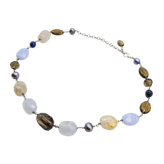 Vintage Multi Gemstone Blue Lace Agate Quartz Pearl Station Necklace 18 Inches