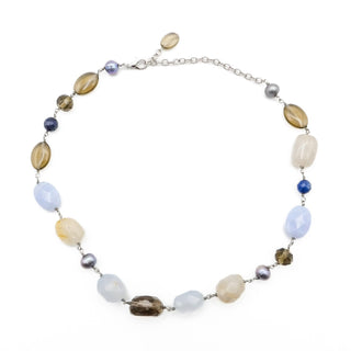 Vintage Multi Gemstone Blue Lace Agate Quartz Pearl Station Necklace 18 Inches
