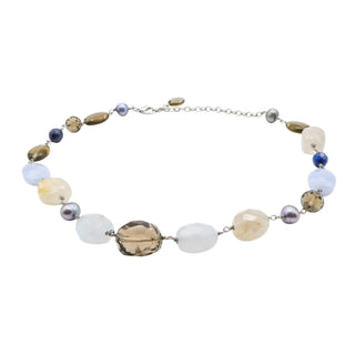 Vintage Multi Gemstone Blue Lace Agate Quartz Pearl Station Necklace 18 Inches