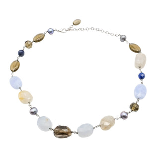 Vintage Multi Gemstone Blue Lace Agate Quartz Pearl Station Necklace 18 Inches