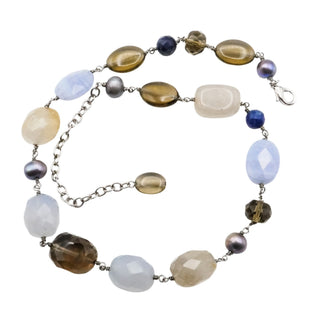 Vintage Multi Gemstone Blue Lace Agate Quartz Pearl Station Necklace 18 Inches