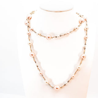 Vintage Pink White Pearl Necklace 35" Faux Pearl Crystal Long Strand