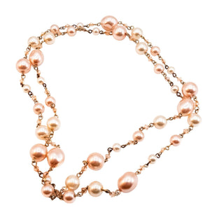 Vintage Pink White Pearl Necklace 35" Faux Pearl Crystal Long Strand