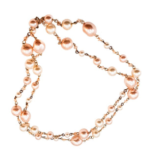 Vintage Pink White Pearl Necklace 35" Faux Pearl Crystal Long Strand