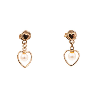 14K Yellow Gold 5/8 Inch White Akoya Pearl Heart Drop Stud Earrings
