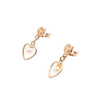 14K Yellow Gold 5/8 Inch White Akoya Pearl Heart Drop Stud Earrings