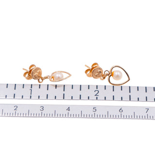 14K Yellow Gold 5/8 Inch White Akoya Pearl Heart Drop Stud Earrings