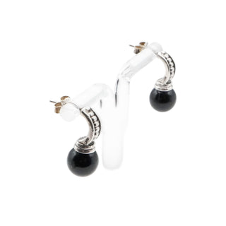 Vintage Sterling Silver Black Onyx Half Hoop Drop Earrings Beaded Detail