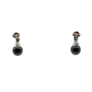 Vintage Sterling Silver Black Onyx Half Hoop Drop Earrings Beaded Detail