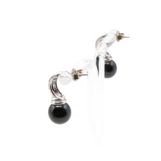 Vintage Sterling Silver Black Onyx Half Hoop Drop Earrings Beaded Detail
