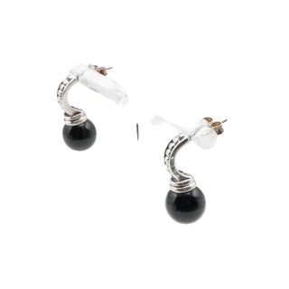 Vintage Sterling Silver Black Onyx Half Hoop Drop Earrings Beaded Detail
