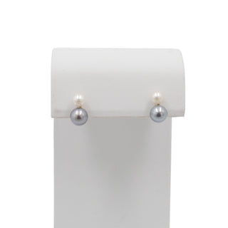 14K Yellow Gold Gray 7mm and White 5mm High Luster Freshwater Pearl Stud Earrings