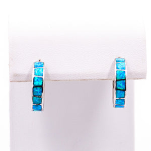 Sterling Silver Blue Opal Inlay Hoop Earrings Huggie Hoops October Birthstone