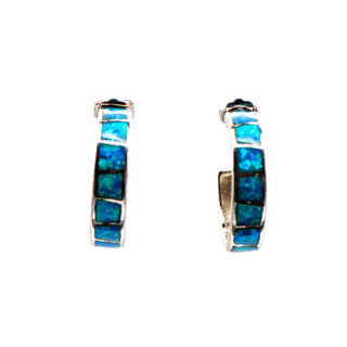 Sterling Silver Blue Opal Inlay Hoop Earrings Huggie Hoops October Birthstone