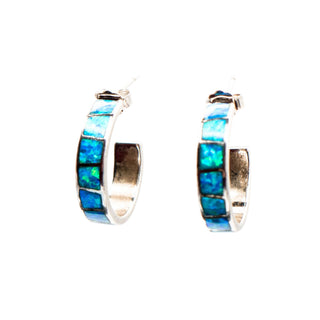 Sterling Silver Blue Opal Inlay Hoop Earrings Huggie Hoops October Birthstone
