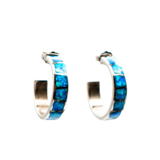 Sterling Silver Blue Opal Inlay Hoop Earrings Huggie Hoops October Birthstone