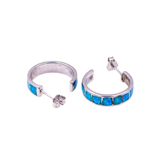 Sterling Silver Blue Opal Inlay Hoop Earrings Huggie Hoops October Birthstone