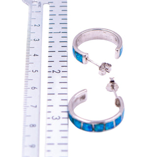 Sterling Silver Blue Opal Inlay Hoop Earrings Huggie Hoops October Birthstone