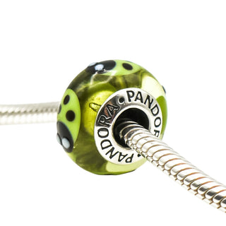 Pandora Rare Retired Green Ladybug Murano Glass Sterling Silver Charm