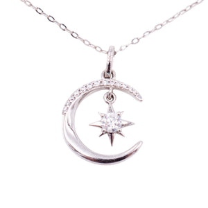 14K White Gold 16 to 18 Inch Moon North Star Moissanite Pendant Necklace