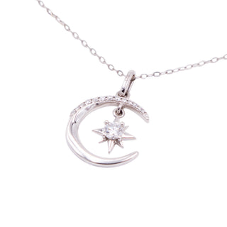 14K White Gold 16 to 18 Inch Moon North Star Moissanite Pendant Necklace