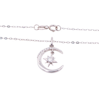 14K White Gold 16 to 18 Inch Moon North Star Moissanite Pendant Necklace