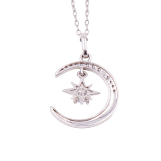 14K White Gold 16 to 18 Inch Moon North Star Moissanite Pendant Necklace