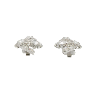 Vintage Rhinestone Clip Earrings Heart Baguette Crystal Silver Tone 1.25"