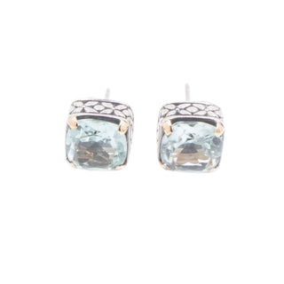 Aquamarine Cushion Cut Stud Earrings Sterling Silver 18K Gold Accent Designer Style
