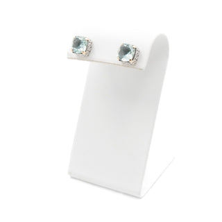 Aquamarine Cushion Cut Stud Earrings Sterling Silver 18K Gold Accent Designer Style