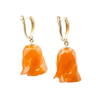 14K Yellow Gold Carved Baltic Amber Rose Dangle Earrings, Eastern European