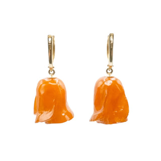 14K Yellow Gold Carved Baltic Amber Rose Dangle Earrings, Eastern European