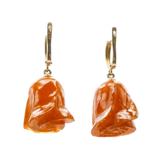 14K Yellow Gold Carved Baltic Amber Rose Dangle Earrings, Eastern European
