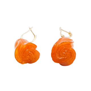 14K Yellow Gold Carved Baltic Amber Rose Dangle Earrings, Eastern European