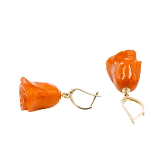 14K Yellow Gold Carved Baltic Amber Rose Dangle Earrings, Eastern European